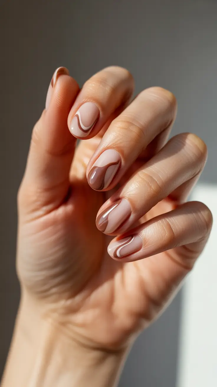 winter almond nails 2025-2026 Soft Mocha Swirls