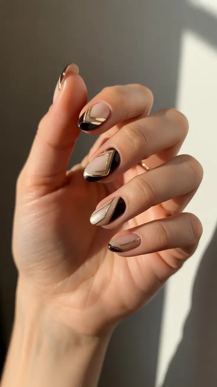 winter almond nails 2025-2026 Golden Noir Geometry