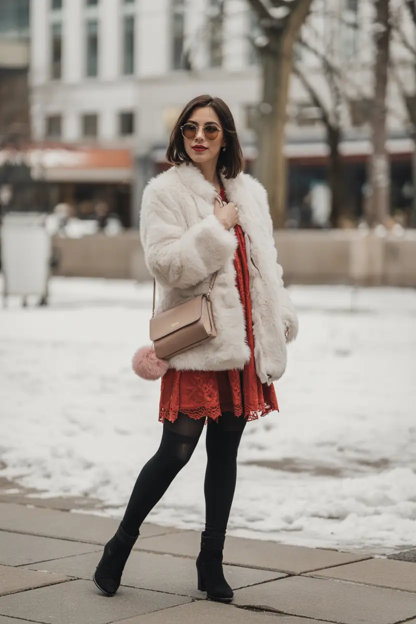 winter birthday outfit Festive Red Lace and Cozy Faux Fur