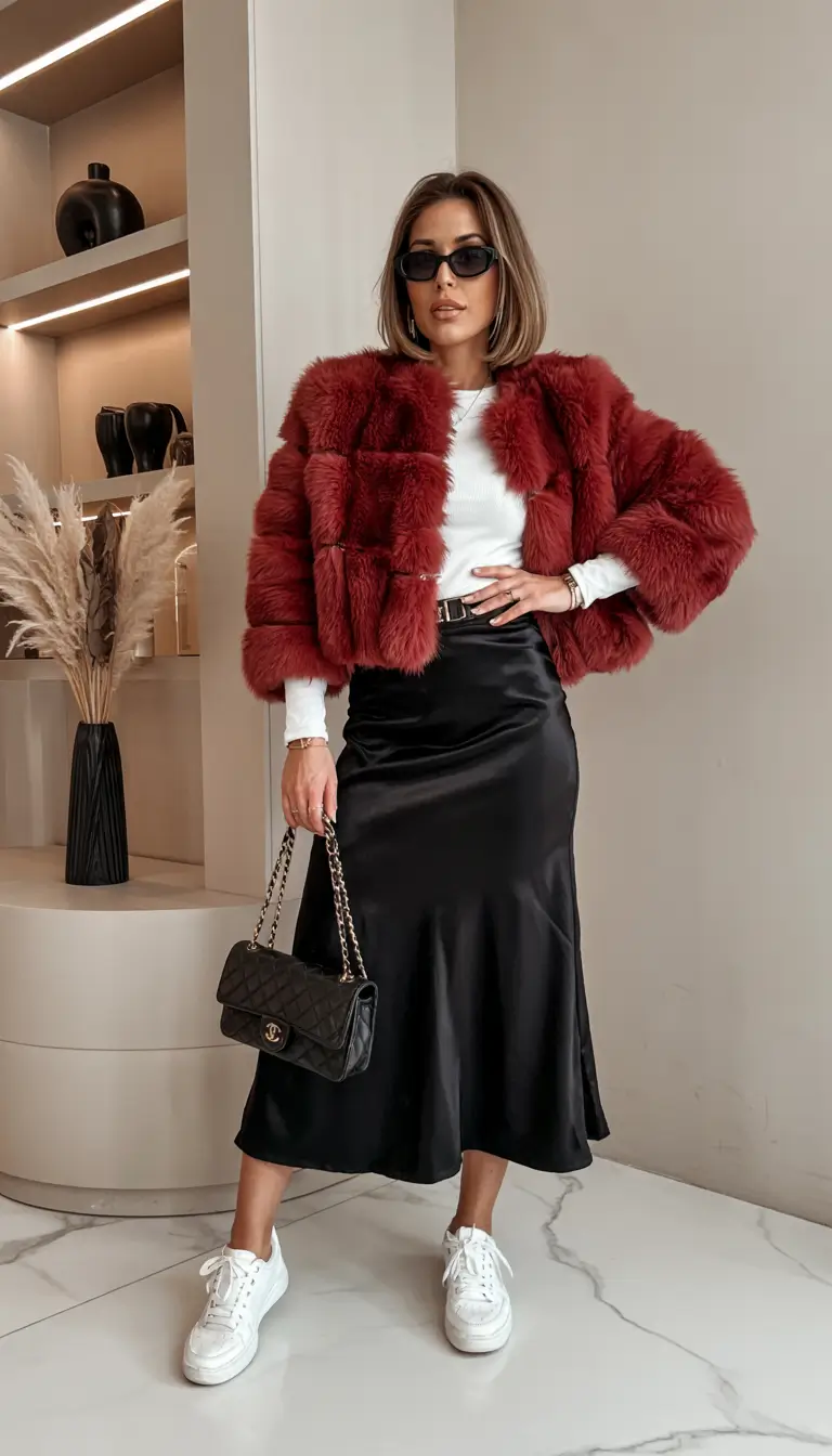 winter birthday outfit Sporty Glam with a Satin Skirt Twist