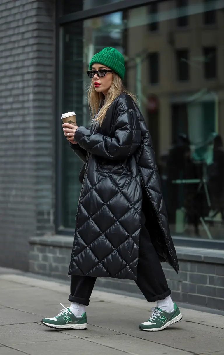 winter fits Black Quilted Puffer with Green Accents