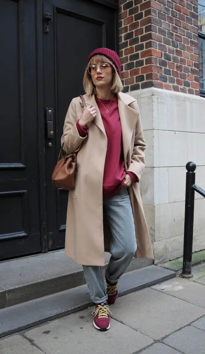 winter fits Burgundy Pops with Camel Coat Ease