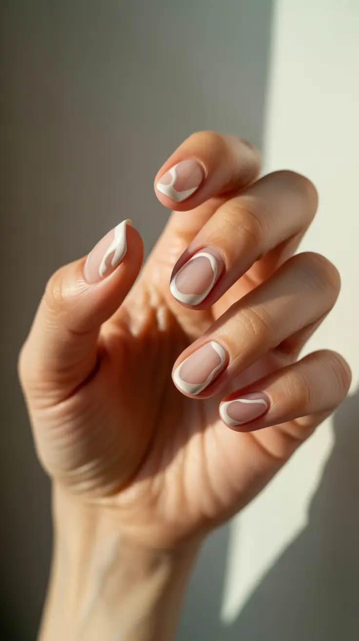 winter french tip nails 2025-2026 white swirl art french dreamy lines and winter calm