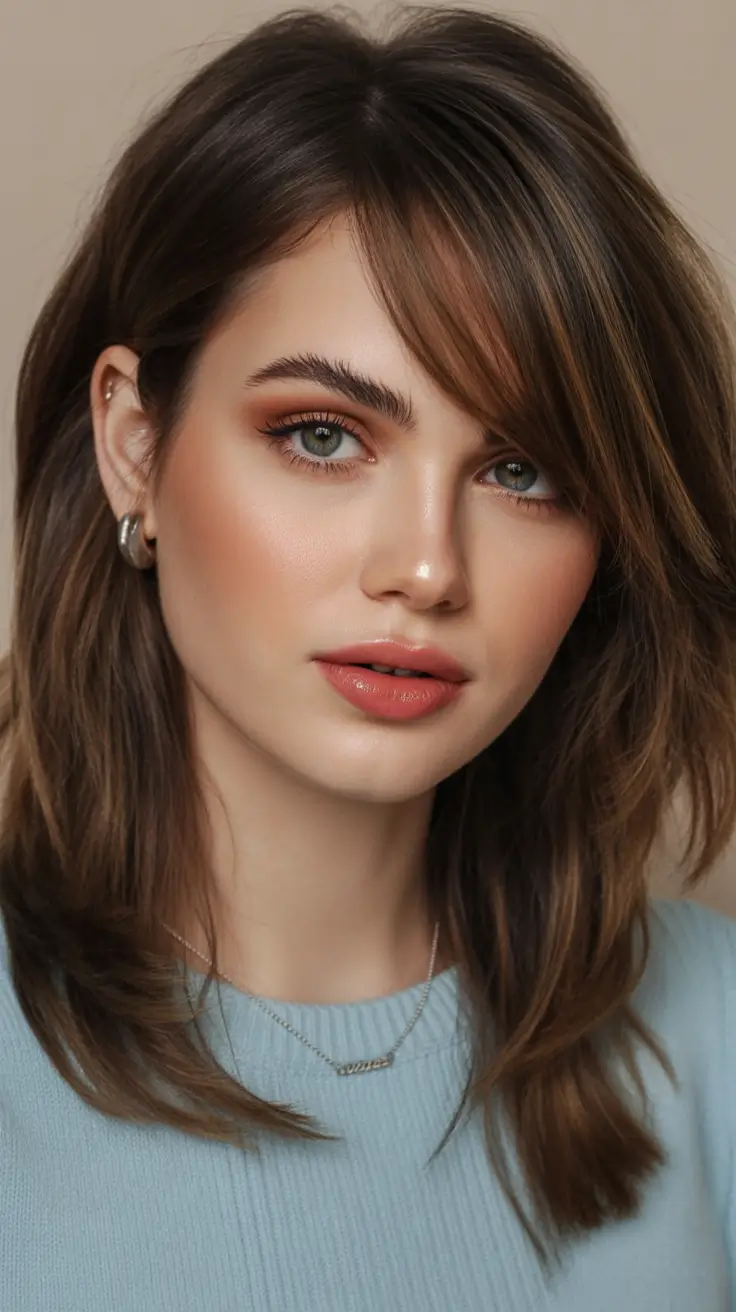 winter haircuts Layered Medium Shag with Soft Bangs