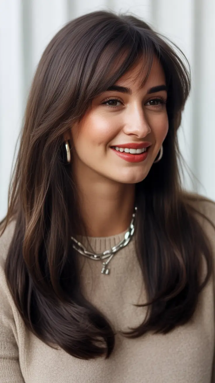 winter haircuts Glossy Layers with Soft Curtain Bangs