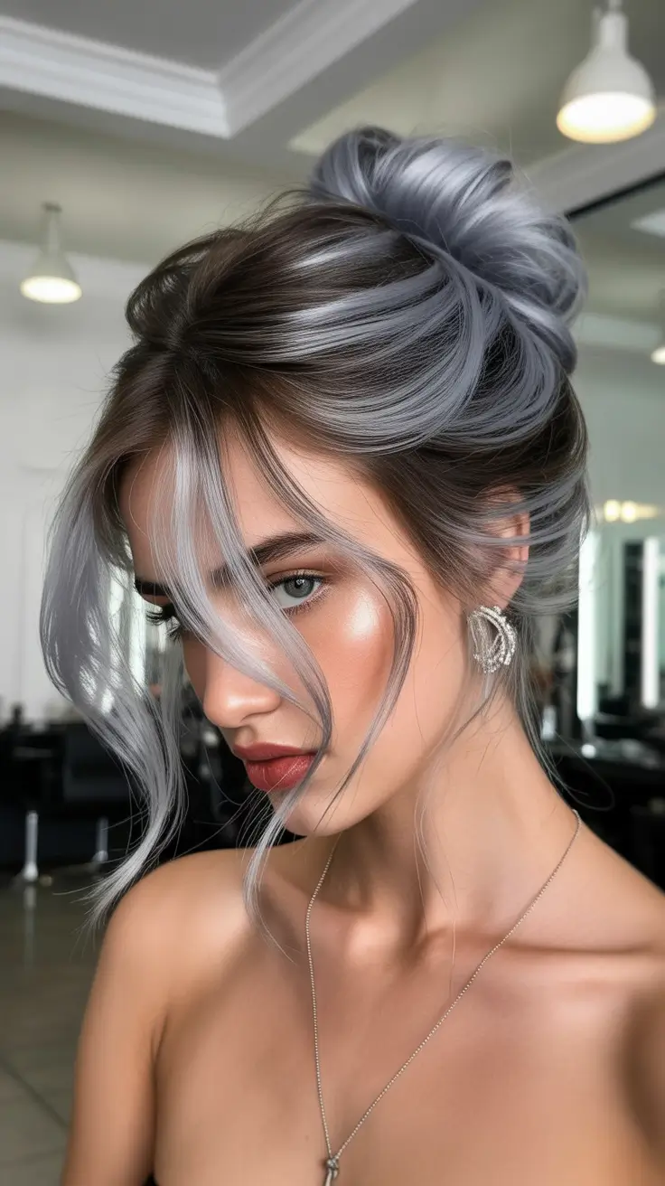 winter haircuts Frosted Silver Updo with Soft Face-Framing Layers