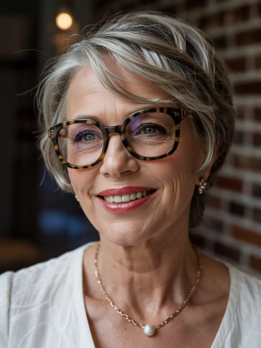 winter haircuts for women over 60 short layered pixie bob with silver highlights