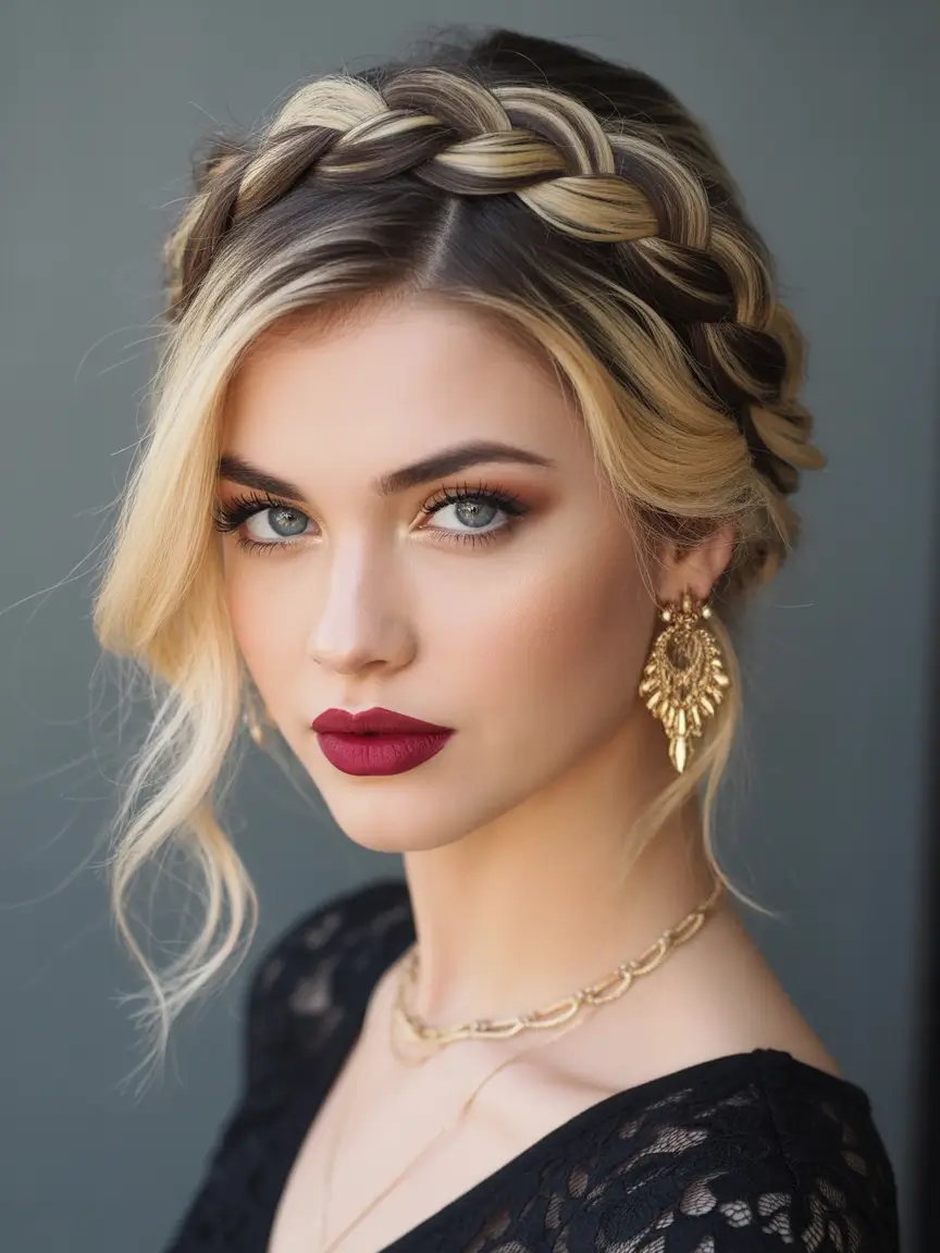 winter hairstyles halo braid with blonde highlights