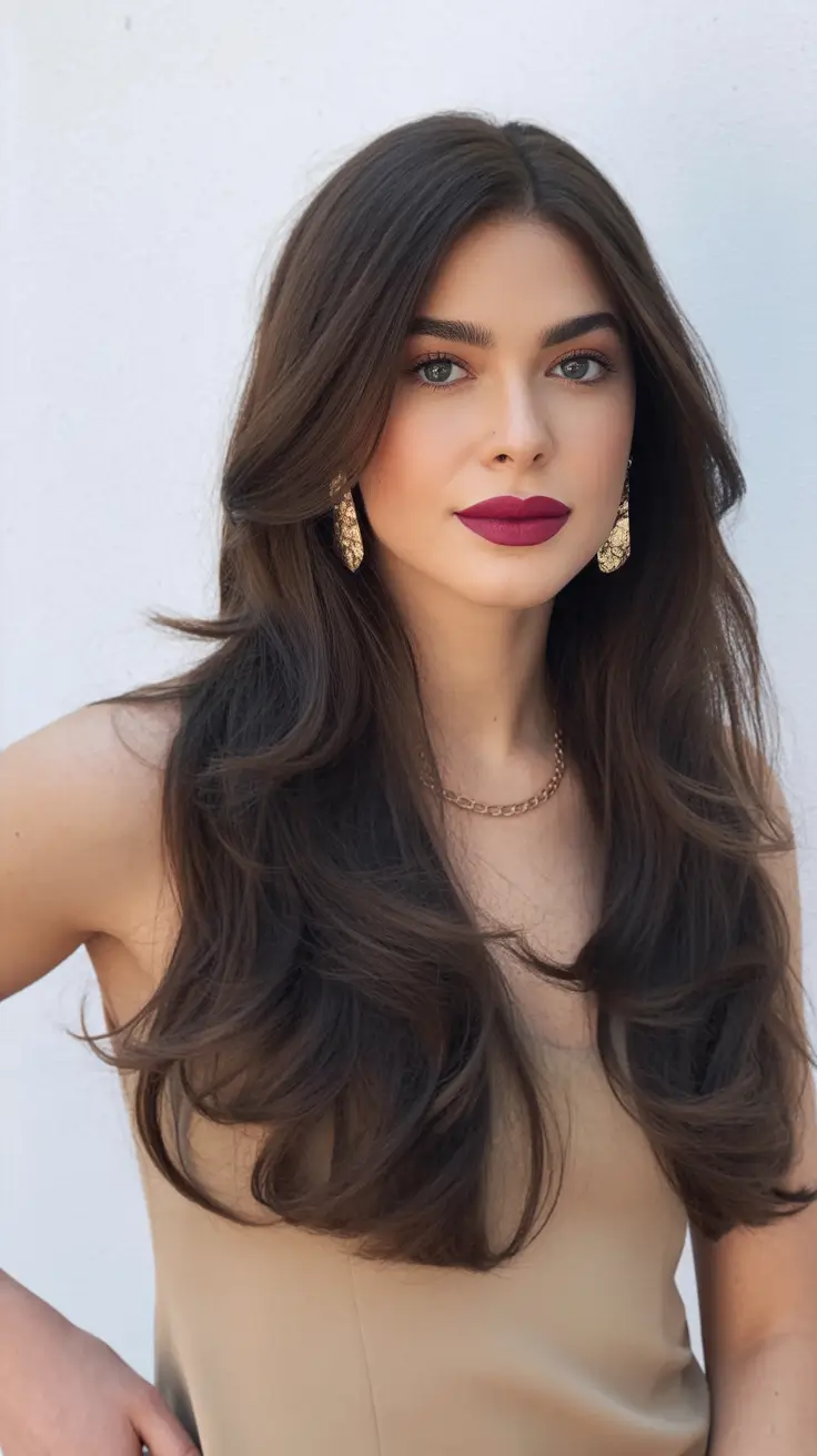 winter hairstyles glossy brunette layers with a polished finish