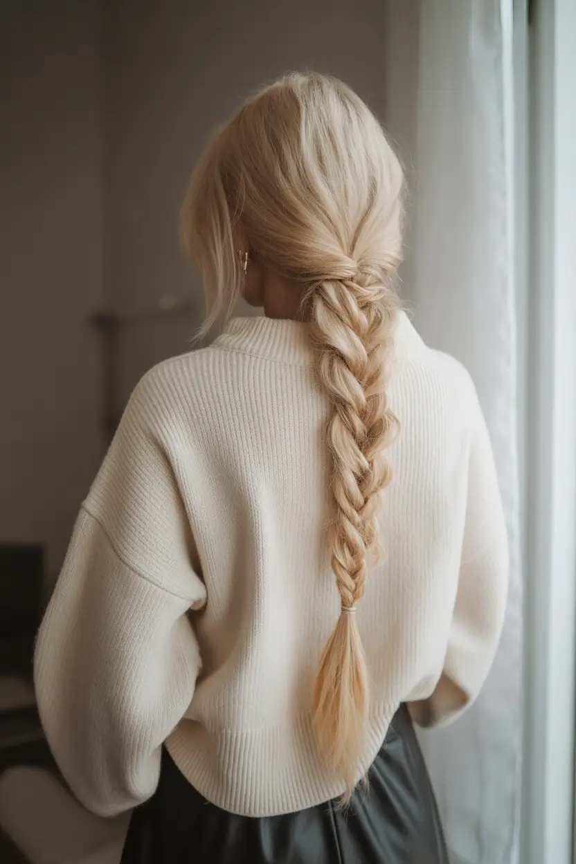 winter hairstyles loose low braid with a cozy vibe