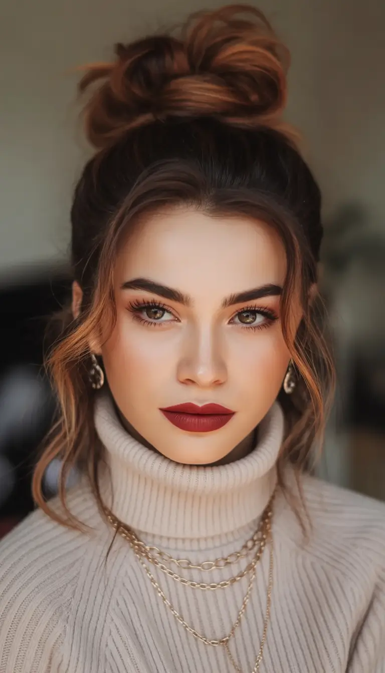winter hairstyles high textured bun with face framing layers