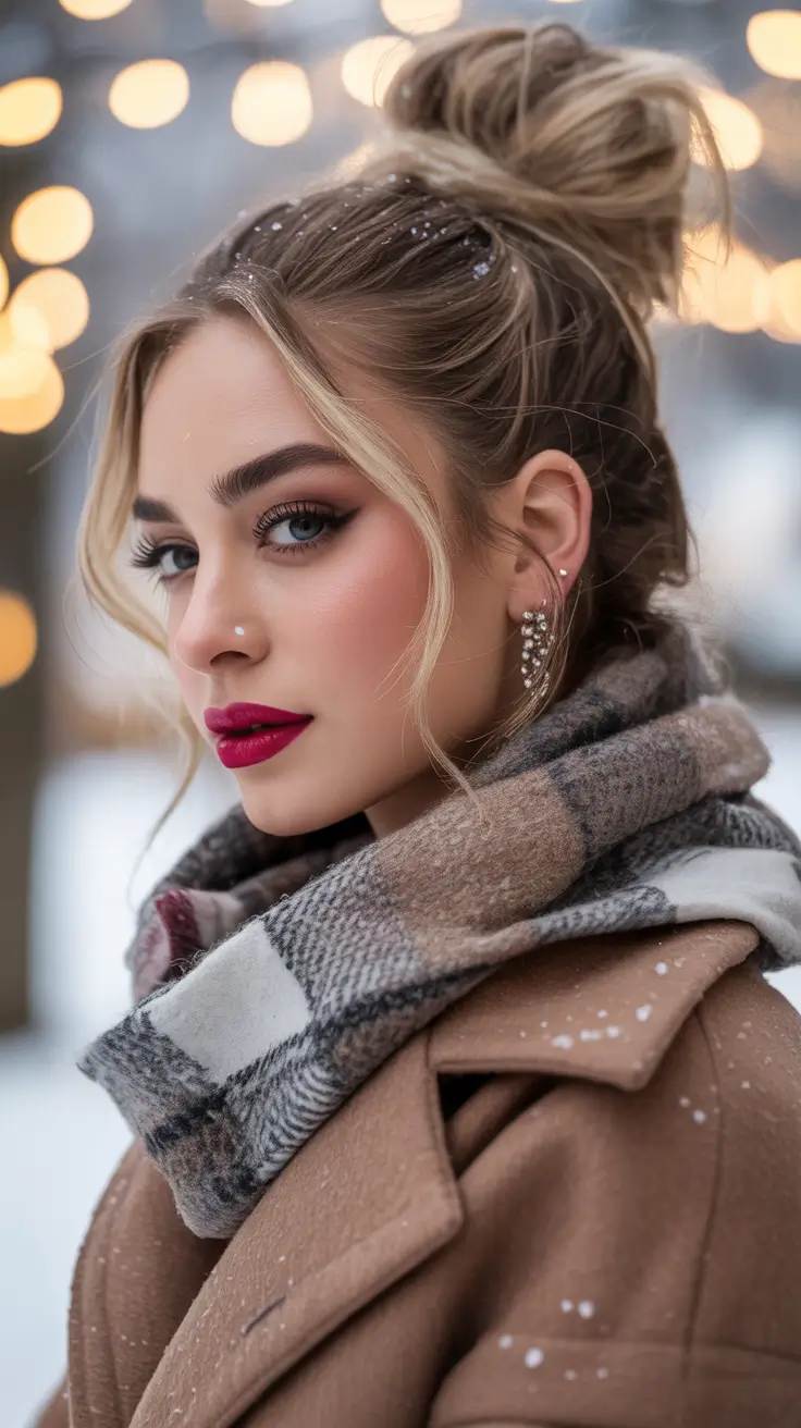 winter hairstyles textured top knot with romantic strands