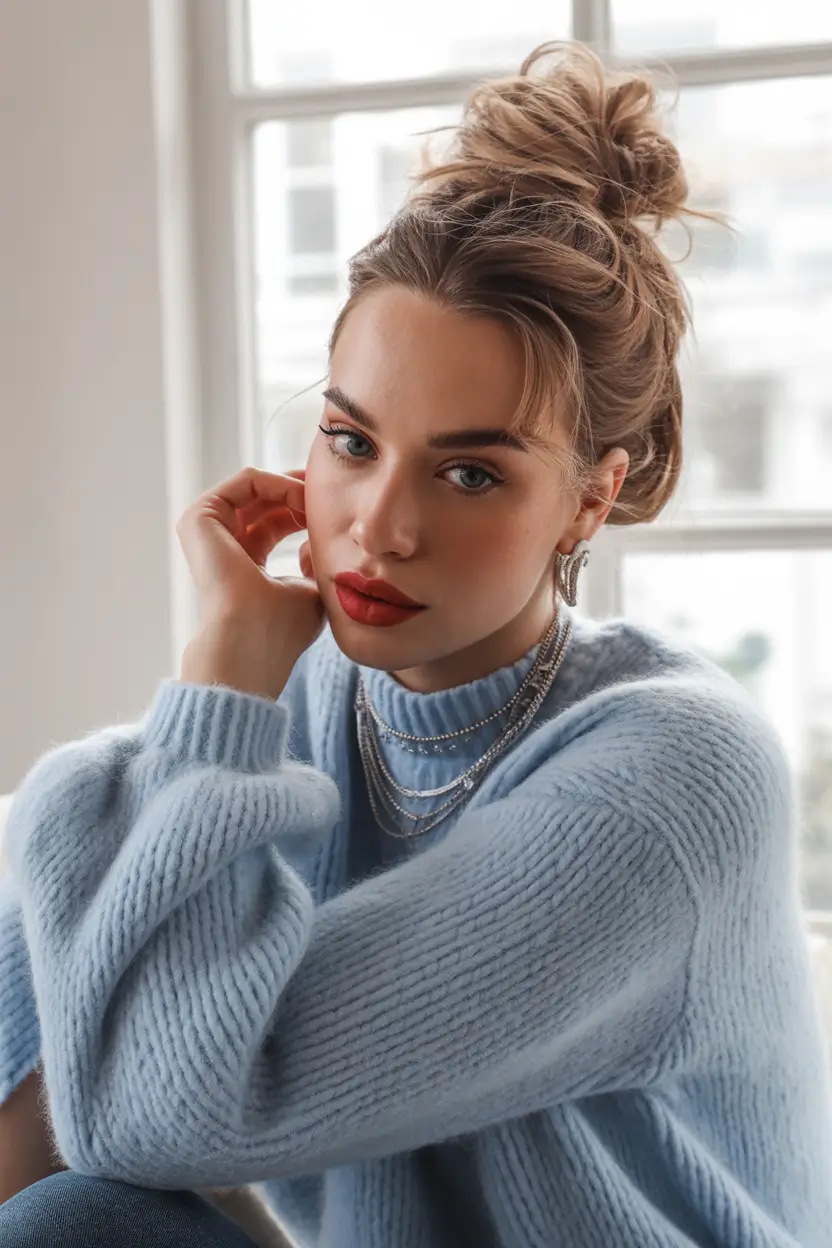 winter hairstyles effortless loose bun with volume