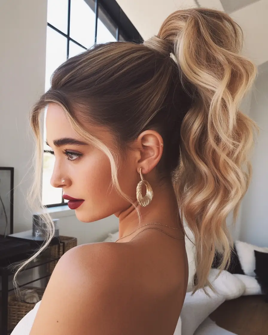 winter hairstyles high wavy ponytail with face framing layers