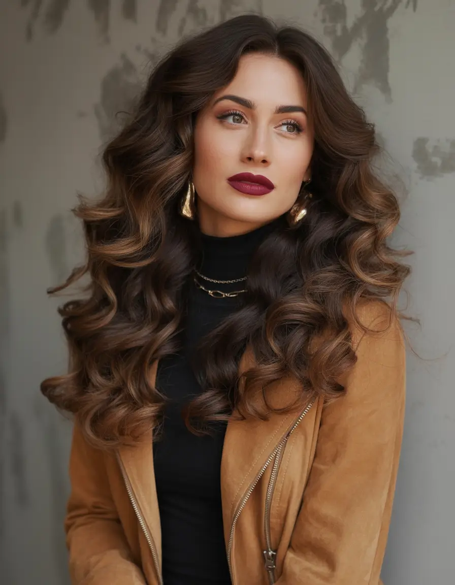 winter hairstyles rich brunette glamour with voluminous curls
