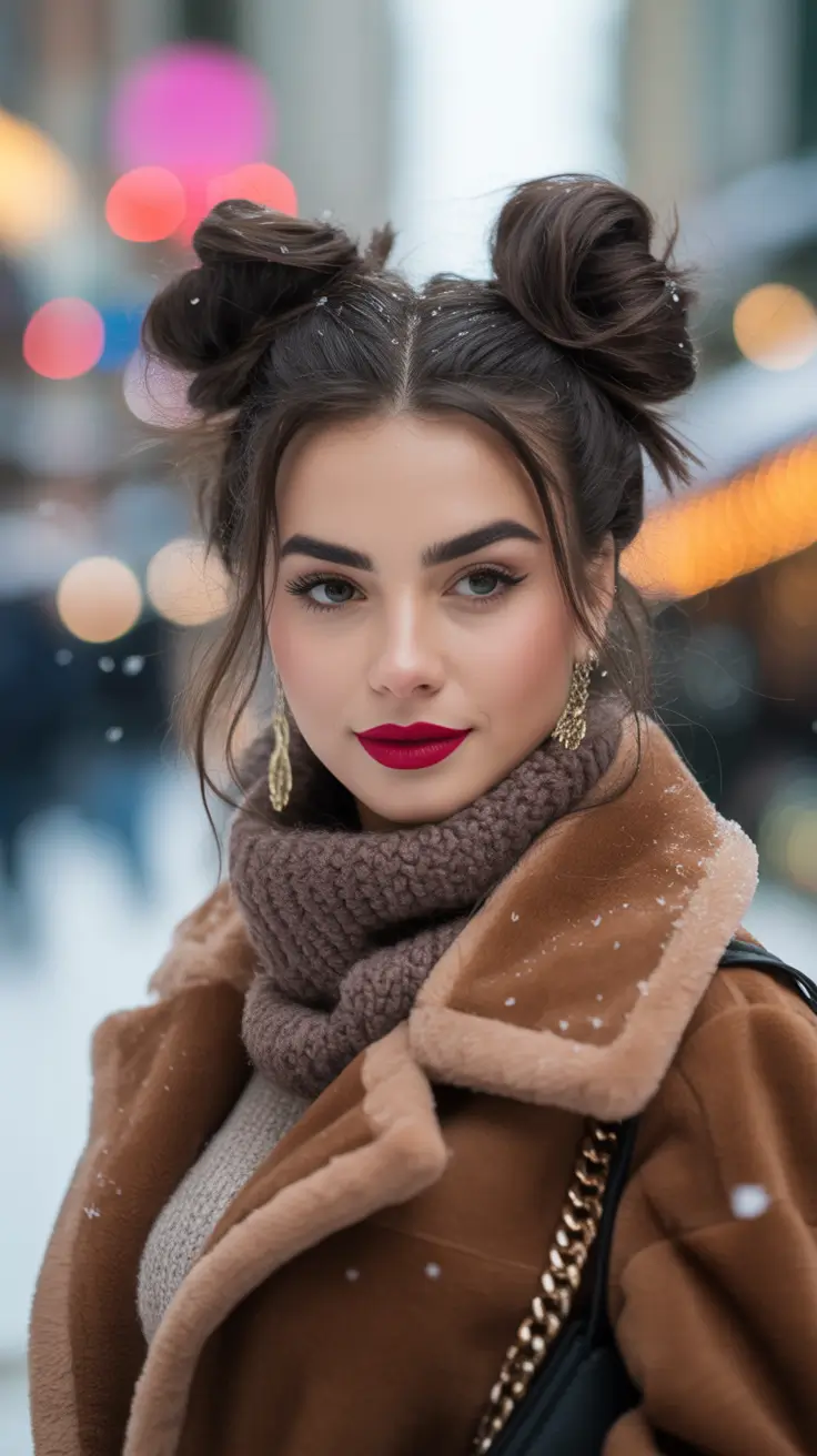 winter hairstyles playful double buns for winter fun
