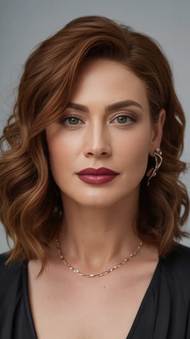 winter hairstyles and color for women over 40 Warm Chestnut Waves with Modern Elegance