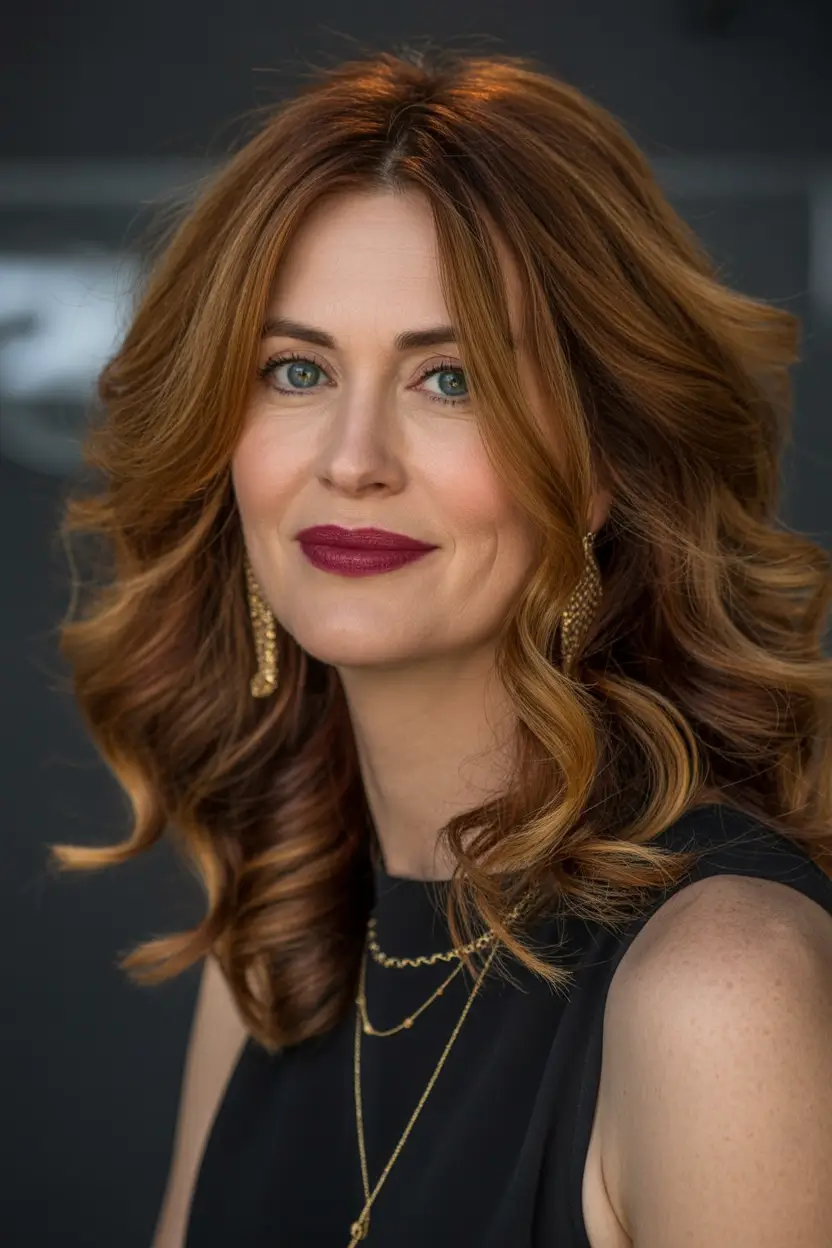 winter hairstyles and color for women over 40 Copper Waves with Luxurious Dimension