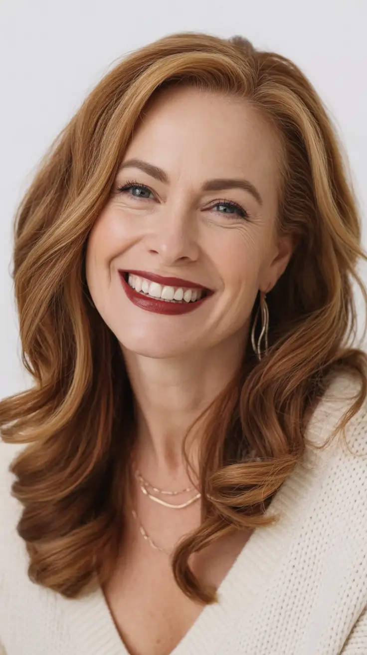 winter hairstyles and color for women over 40 Soft Golden Auburn with Gentle Movement