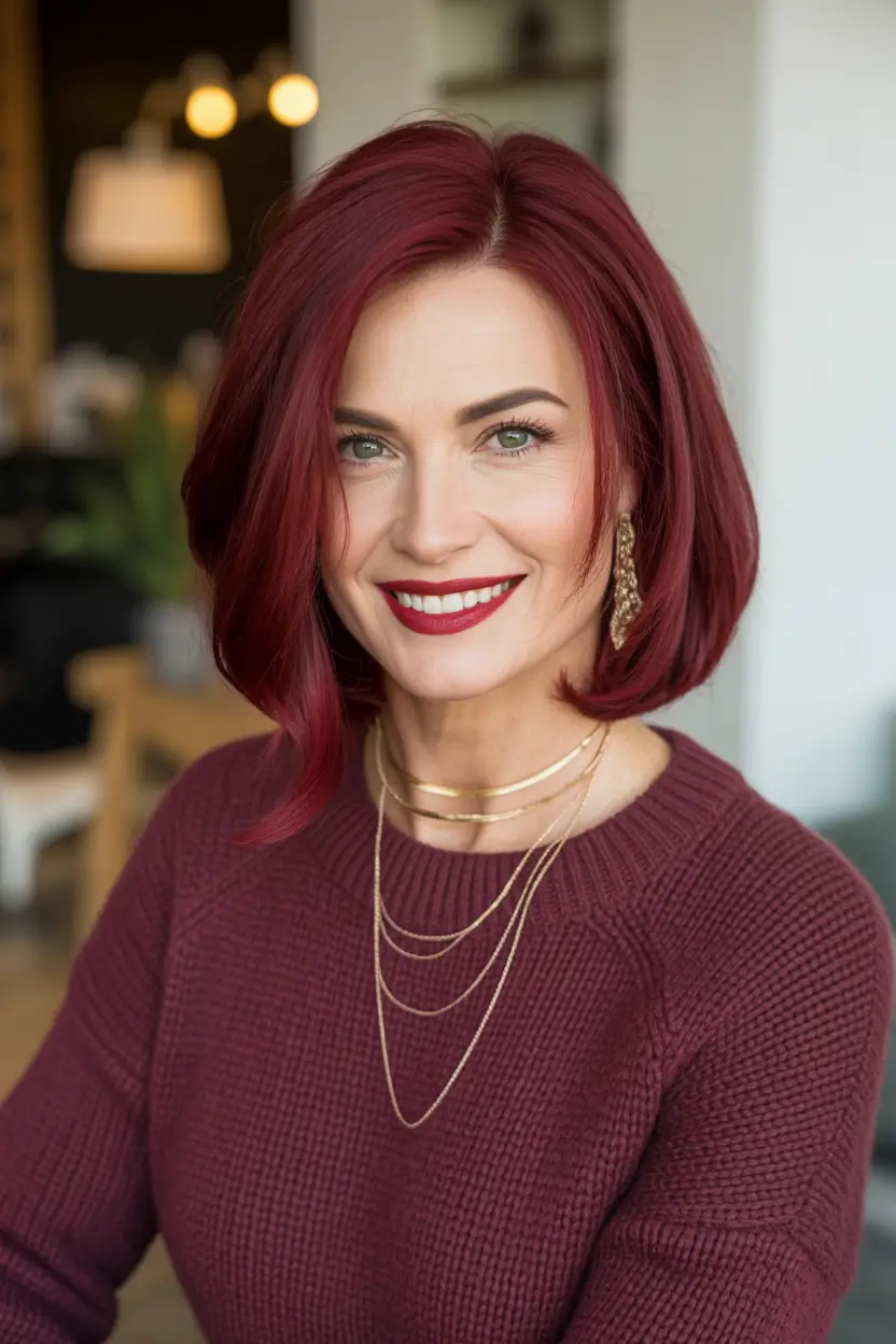 winter hairstyles and color for women over 40 Vibrant Red Bob with a Modern Edge