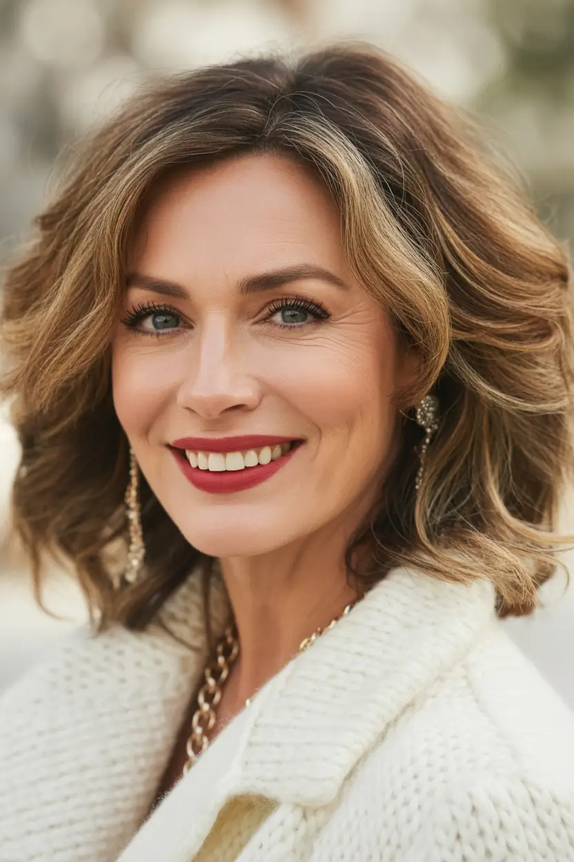 winter hairstyles and color for women over 40 Textured Brunette Bob with Honey Accents