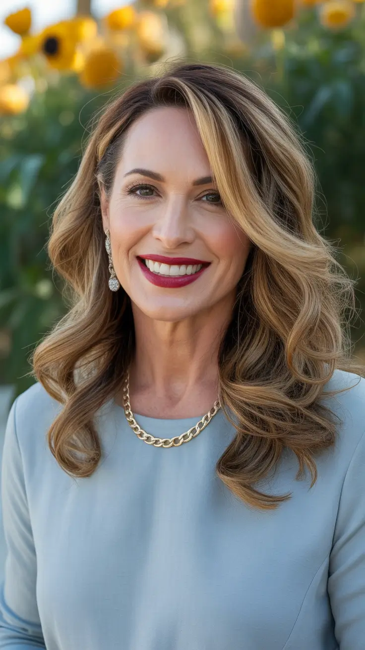 winter hairstyles and color for women over 40 Warm Honey Waves with a Soft Glow