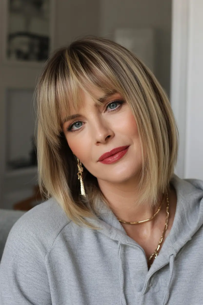 winter hairstyles and color for women over 40 Soft Blonde Bob with Modern Bangs