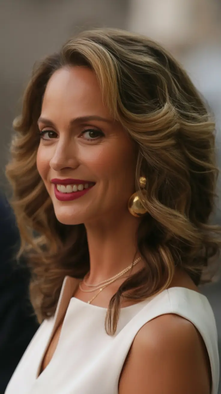 winter hairstyles and color for women over 40 Soft Volume with Golden Accents