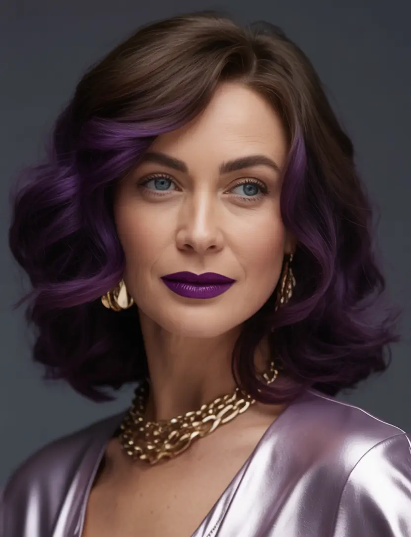 winter hairstyles and color for women over 40 Bold Violet Highlights on a Textured Bob