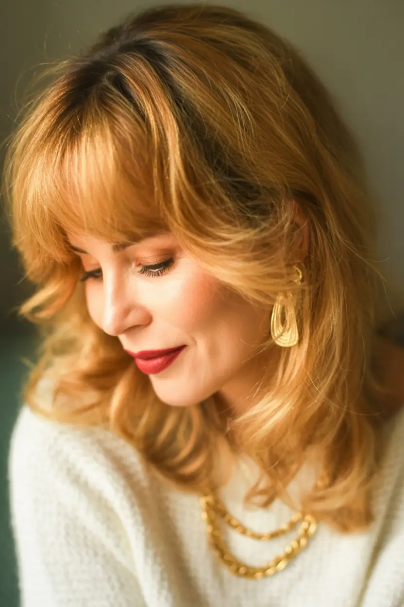 winter hairstyles and color for women over 40 Retro Bangs with Warm Honey Layers