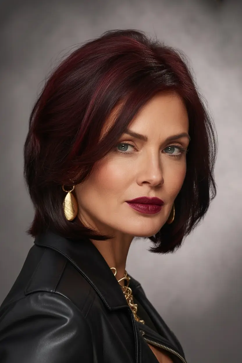 winter hairstyles and color for women over 40 Deep Burgundy Bob with Subtle Layers