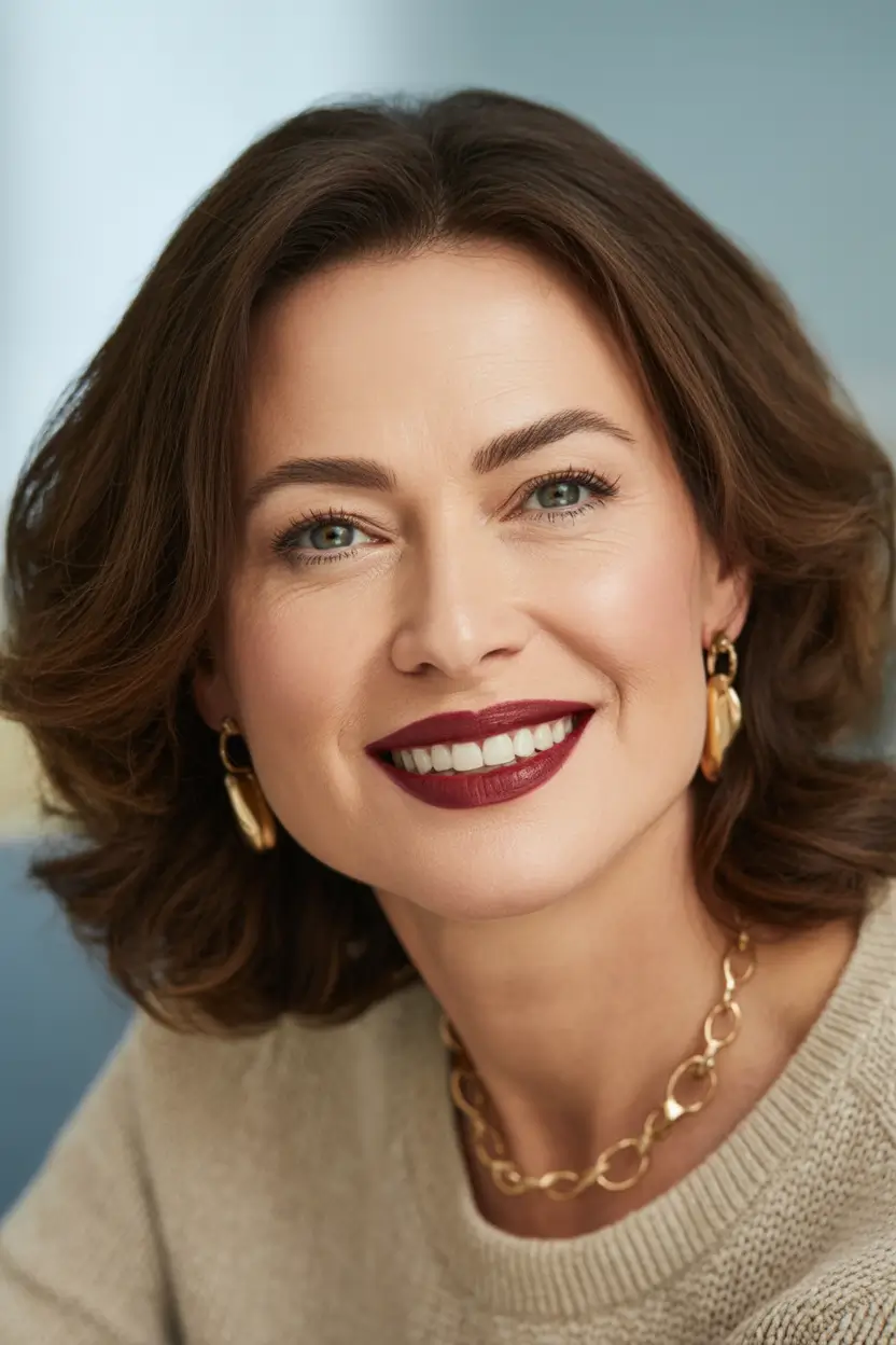 winter hairstyles and color for women over 40 Natural Brunette Waves with Subtle Warmth