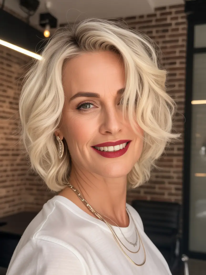 winter hairstyles and color for women over 40 Soft Platinum Bob with Loose Texture