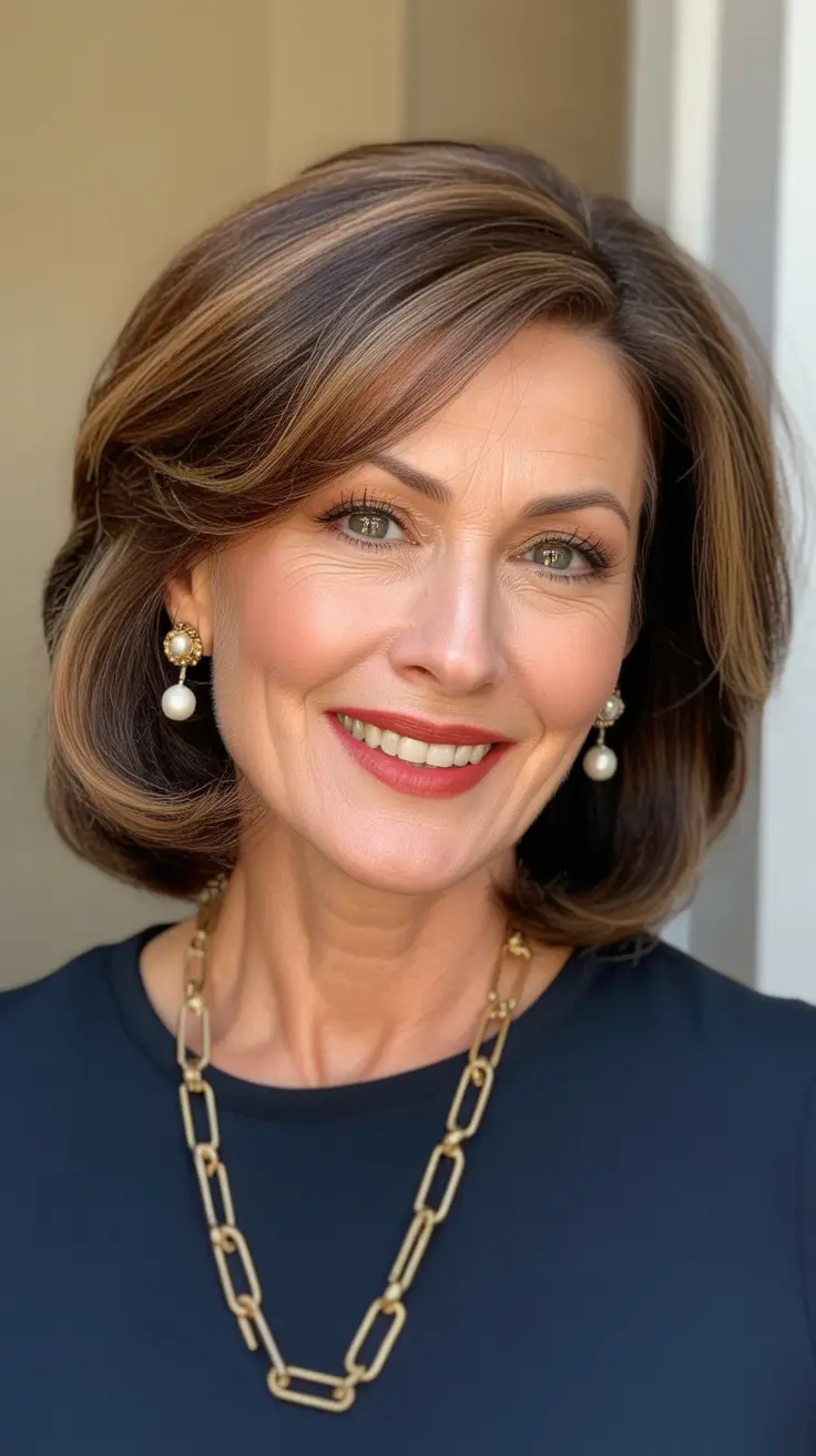 winter hairstyles and color for women over 50 polished volume with subtle golden highlights