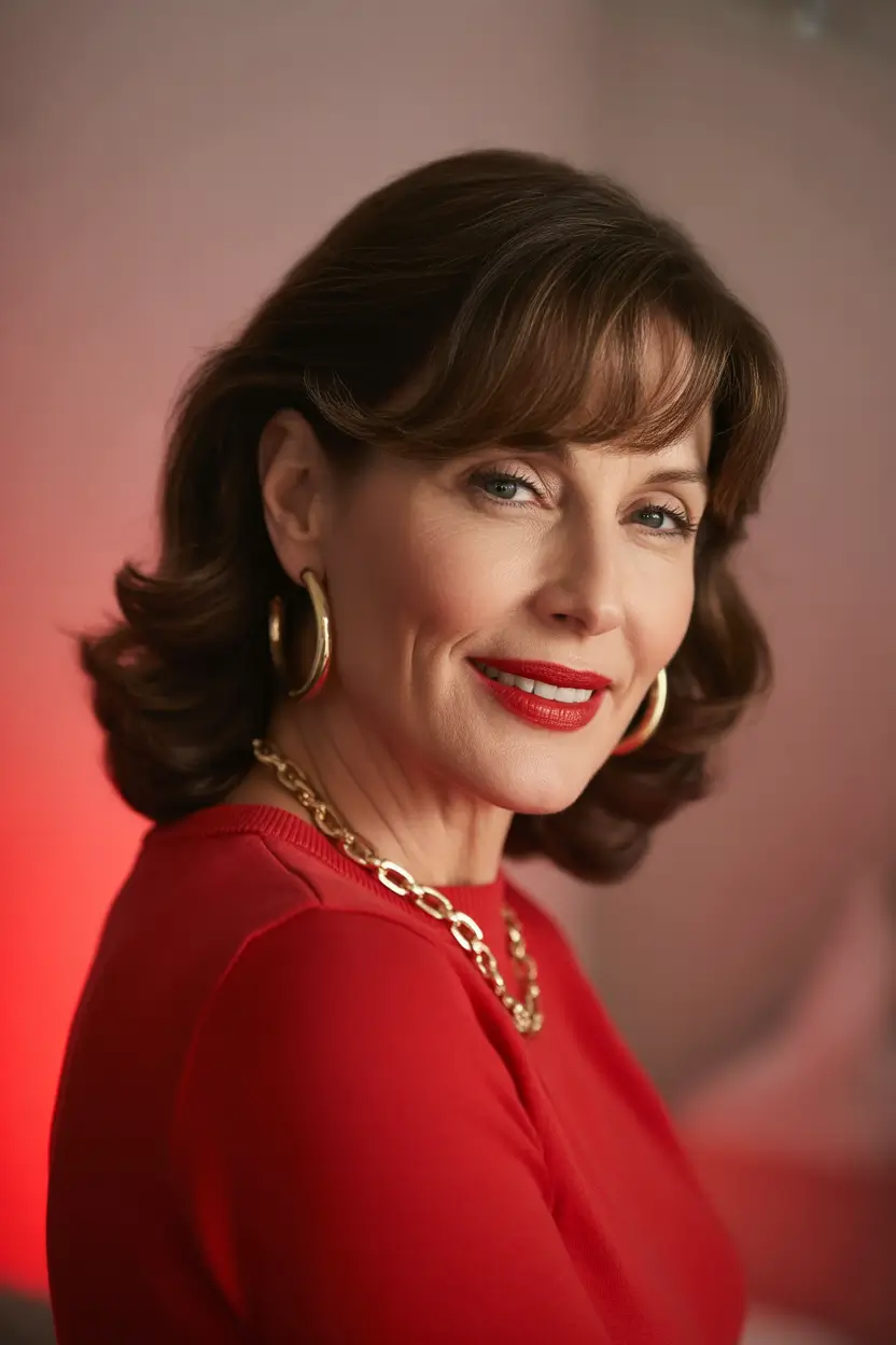 winter hairstyles and color for women over 50 retro inspired soft curls with warm brunette tones