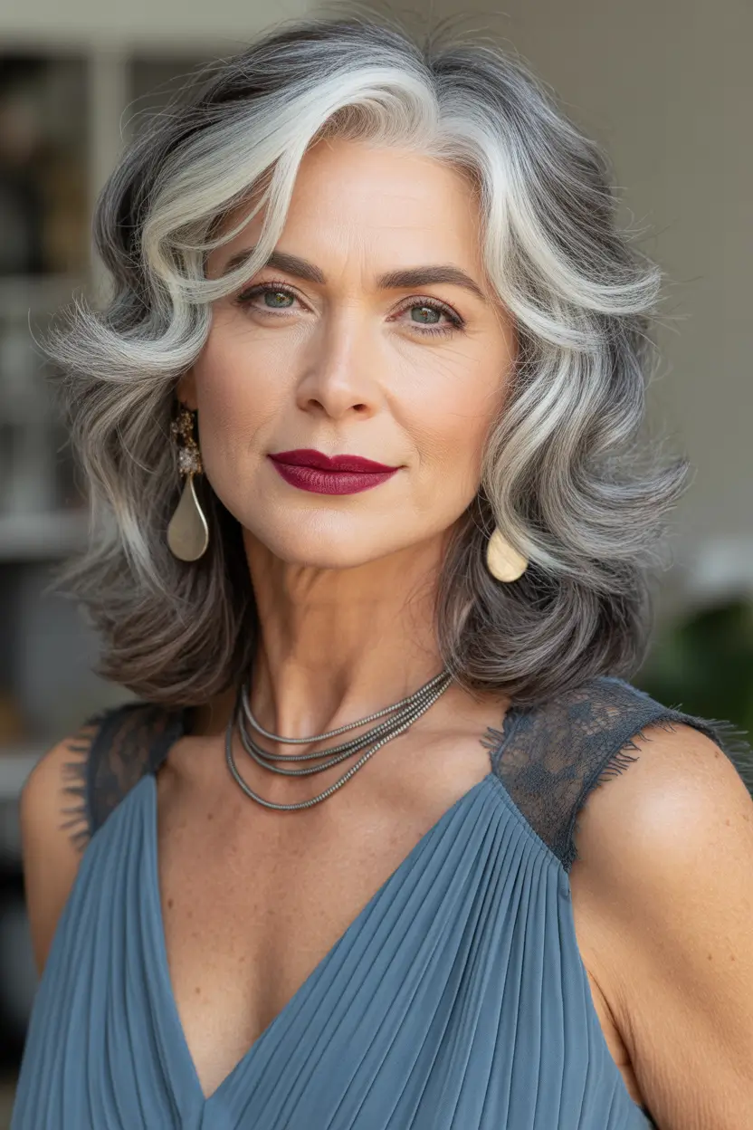 winter hairstyles and color for women over 50 silver-contrast-waves-with-bold-definition