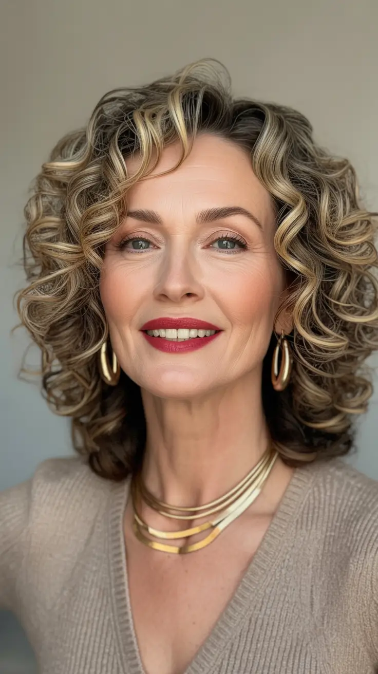 winter hairstyles and color for women over 50 soft-defined-curls-with-golden-highlights