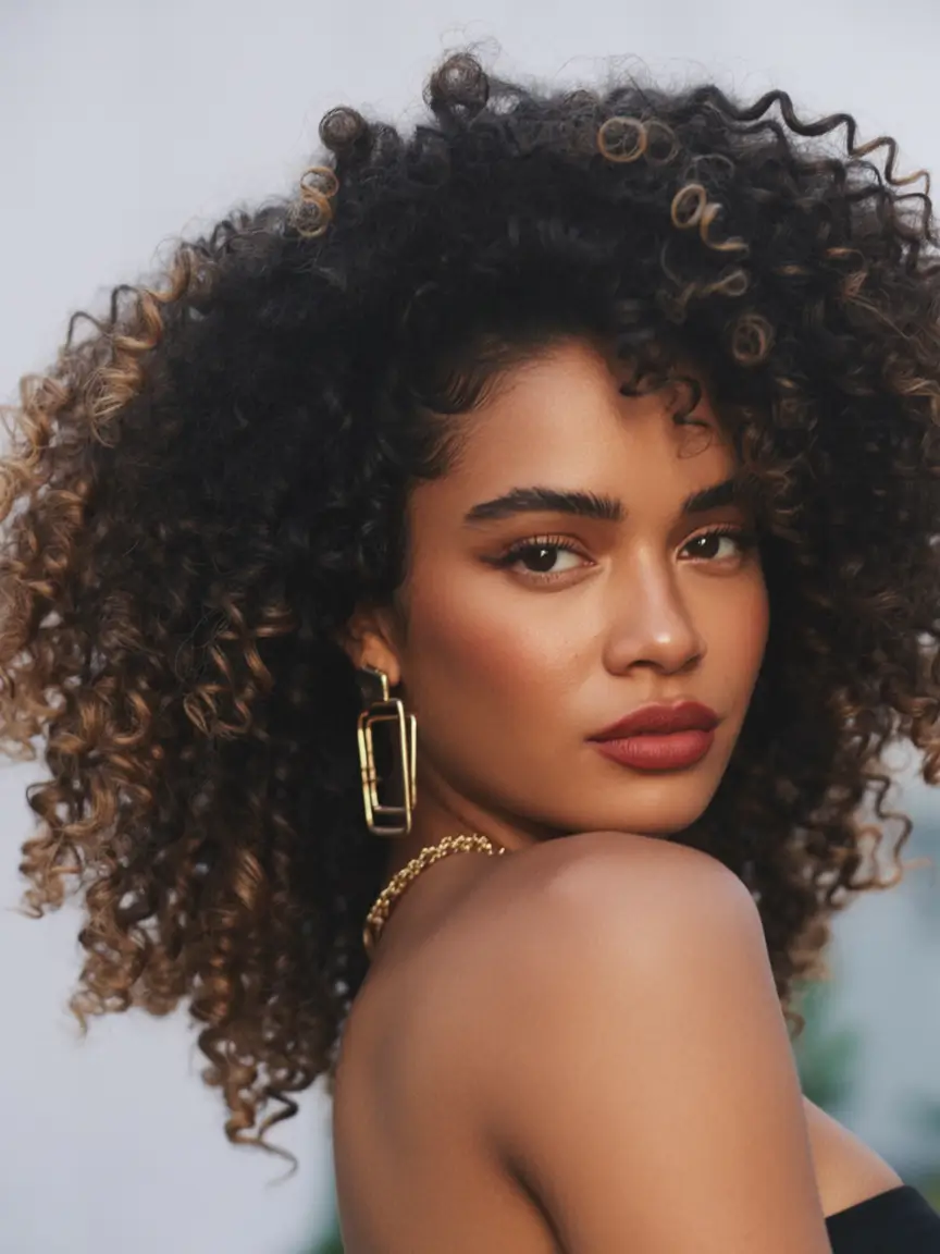 winter hairstyles for black women Voluminous Curls with a Golden Kiss
