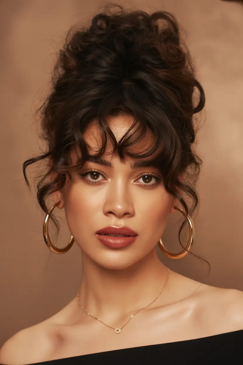 winter hairstyles for black women 4c Messy Updo with Wispy Bangs