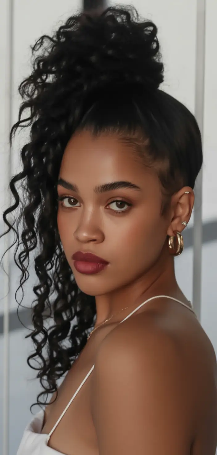 winter hairstyles for black women high curly ponytail