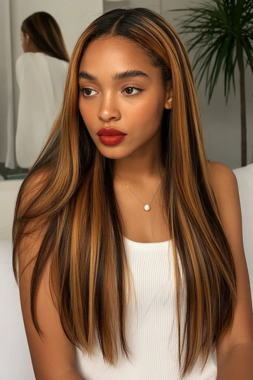 winter hairstyles for black women straight hair with highlights