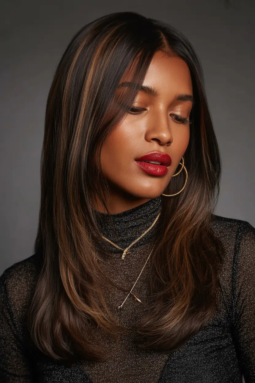 winter hairstyles for black women natural hair straight Subtle Highlights with Sleek Layers