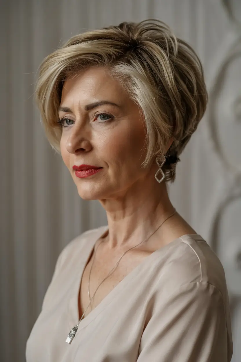 winter hairstyles and color for women over 60 polished blonde crop with side volume