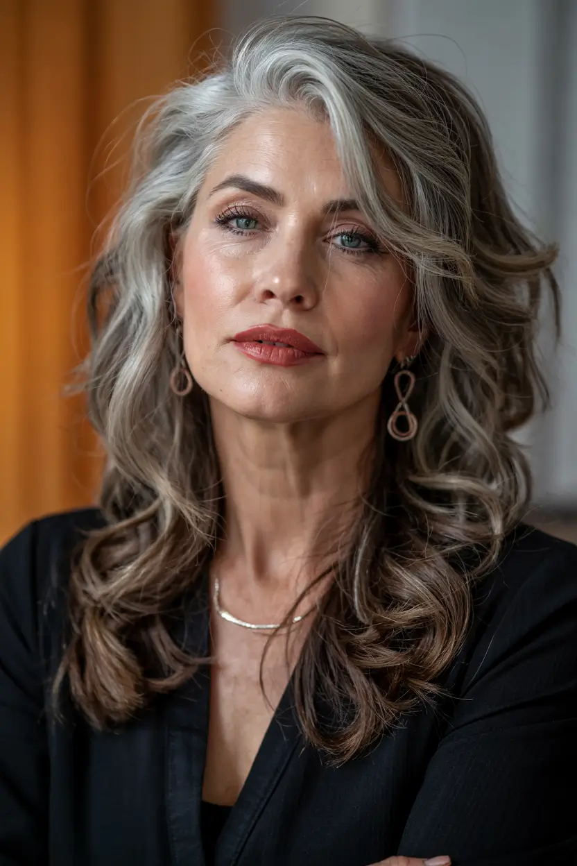 winter hairstyles and color for women over 60 silver glam with flowing length
