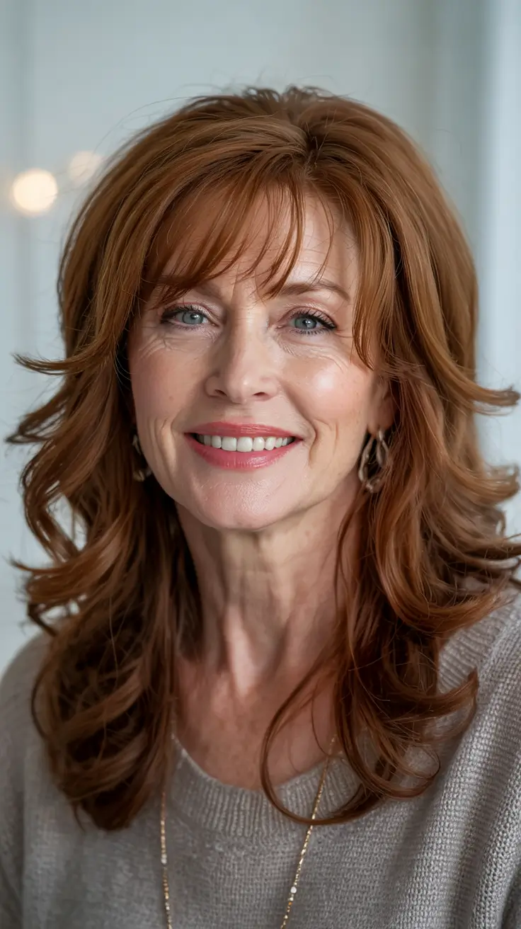 winter hairstyles and color for women over 60 feathered copper layers with curtain bangs