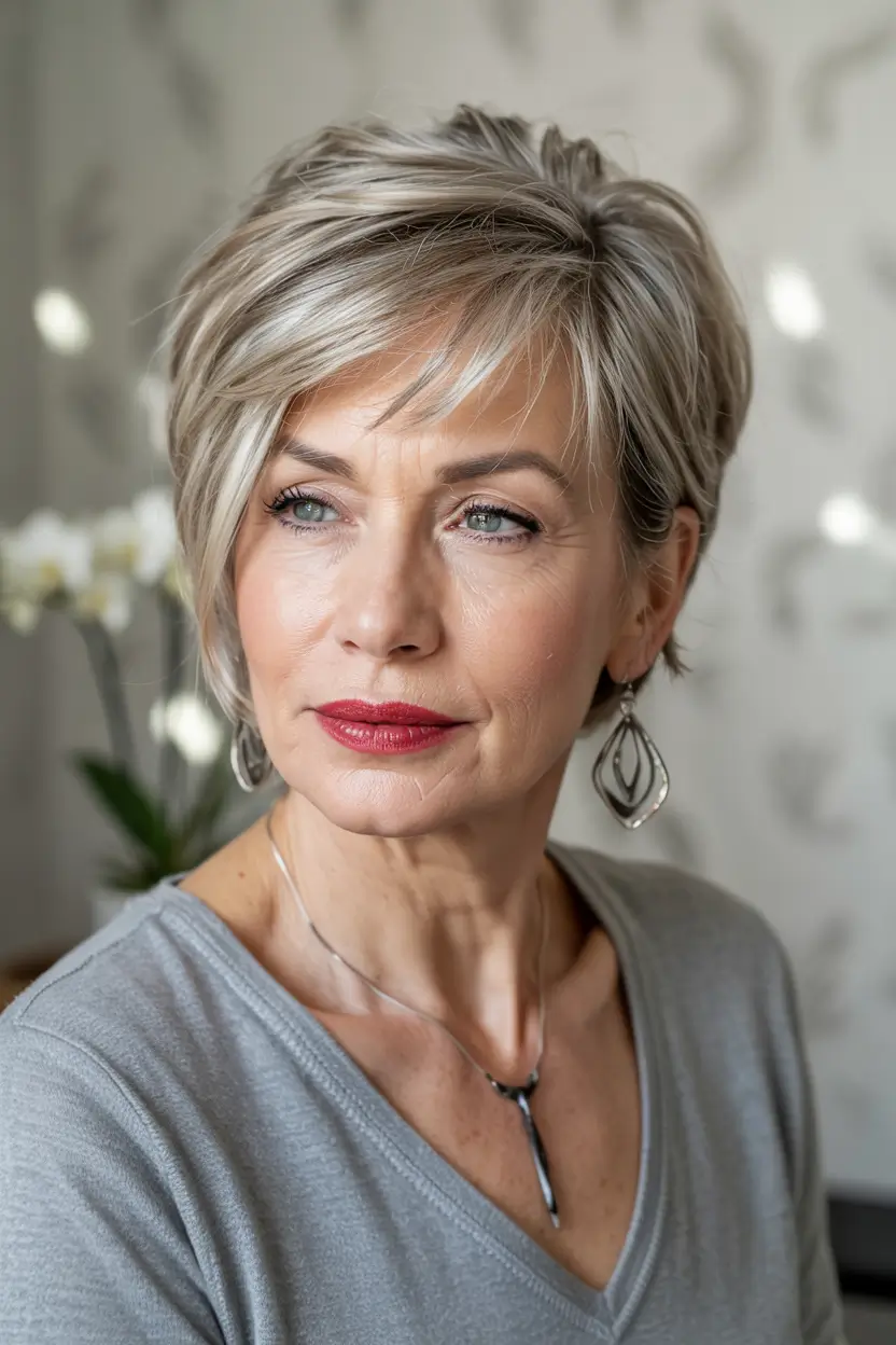 winter hairstyles and color for women over 60 modern layered pixie with icy blonde accents