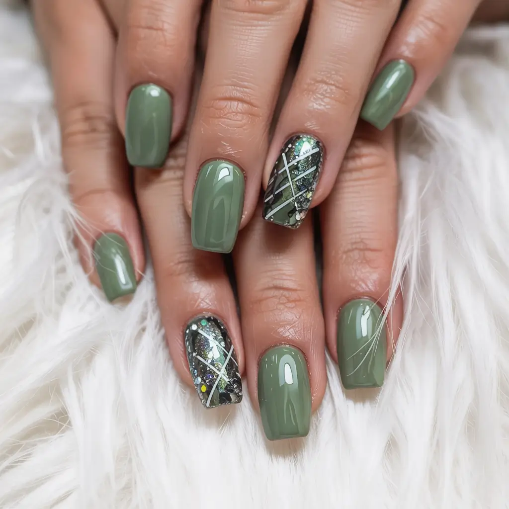 winter Manicure Color ideas Earthy Green with Modern Plaid Accents