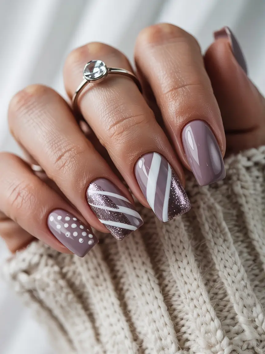 winter Manicure Color ideas Frosted Mauve with Playful Accents