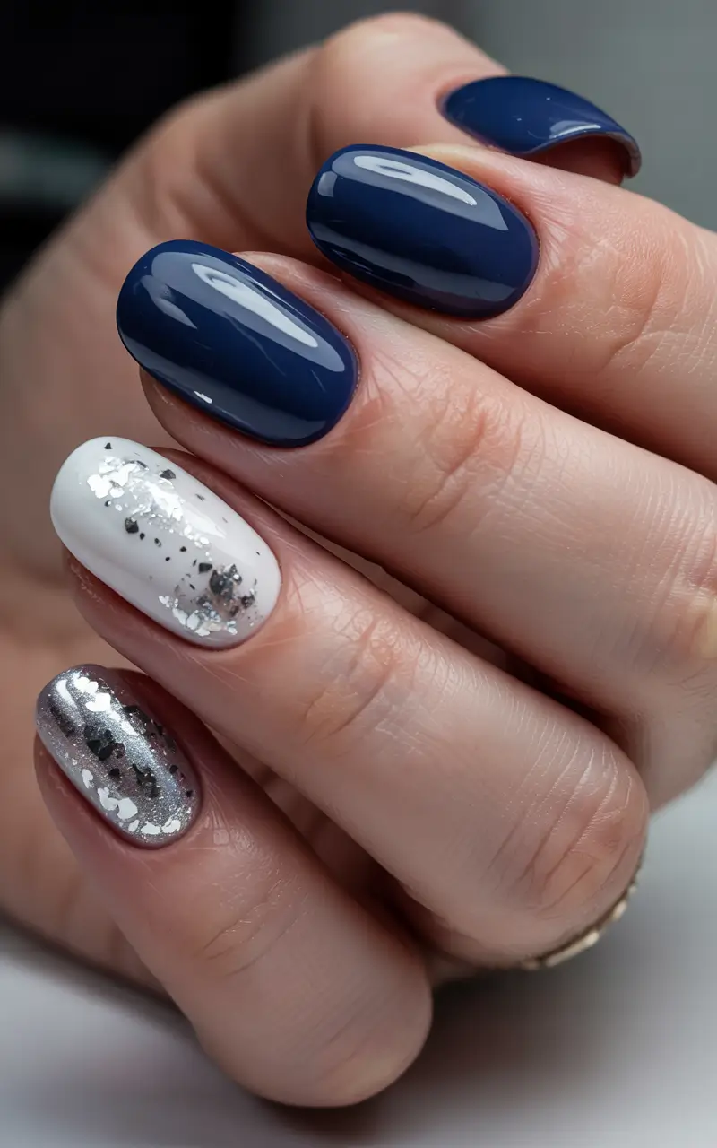 winter Manicure Color ideas Midnight Blue with a Silver Edge