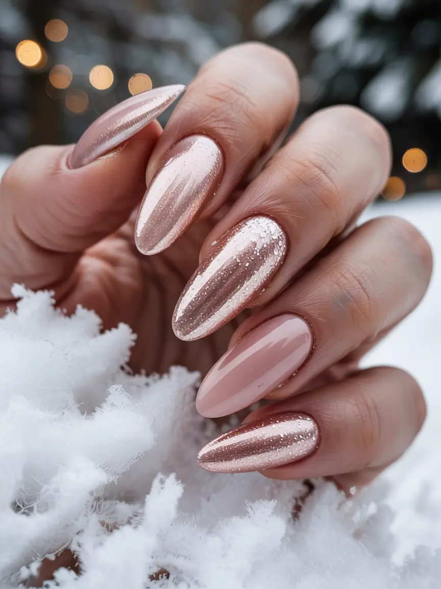 winter Manicure Color ideas Rose Gold Mirror Shine